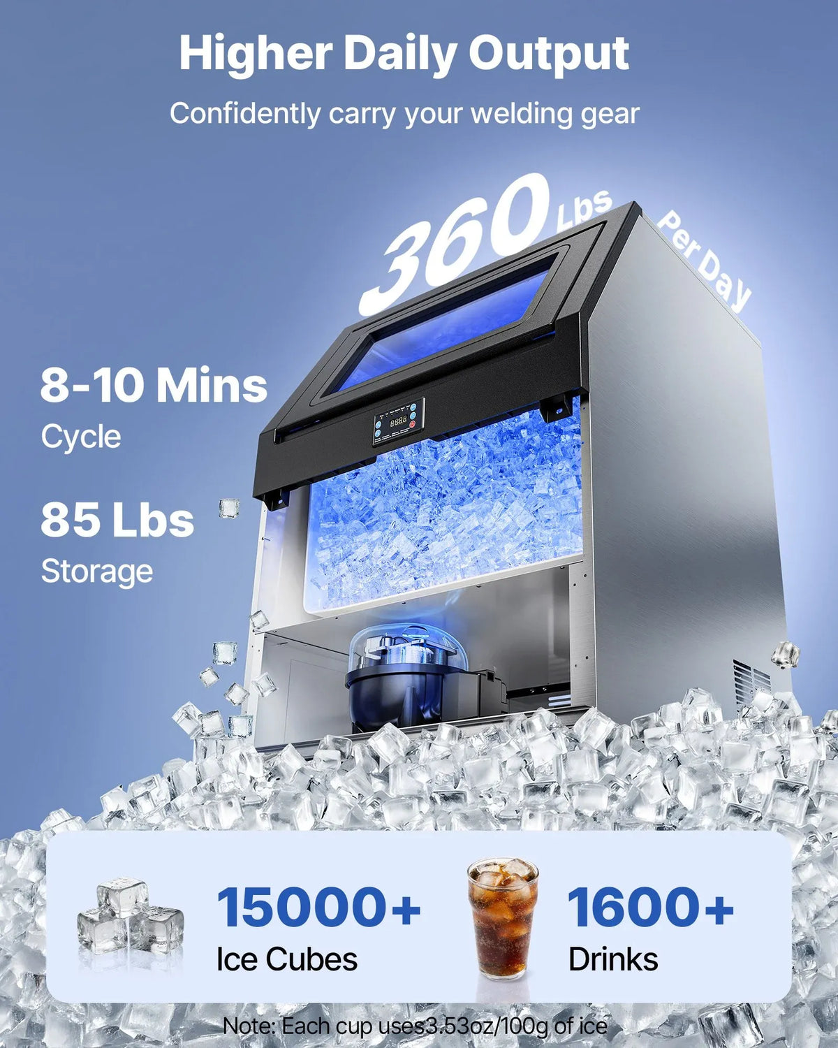 Commercial Ice Maker Machine, 300 Lbs/24h With 85 Lbs Storage Capacity, Built-in/Freestanding/Under Counter, Stainless Steel Ice Maker With LED Display & Self-Cleaning, For Home Bar Restaurant