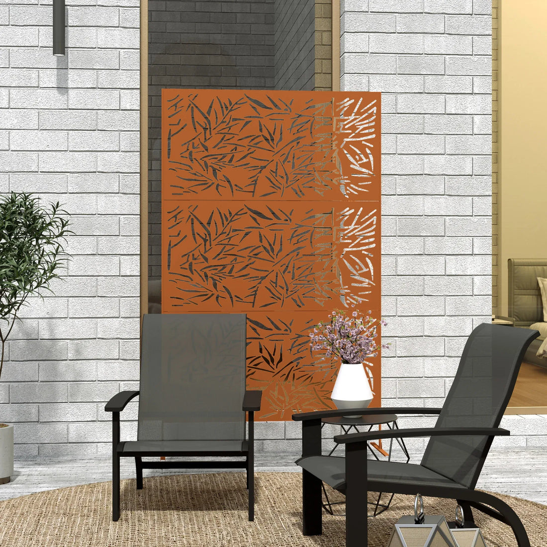 Decorative Privacy Fence Screen, Metal Outdoor Privacy Screen Climbing Plant Trellis with Stand, Bamboo Brown