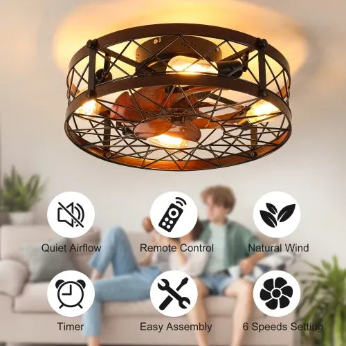 Cage Ceiling Fan With Light, Black, Recessed Ceiling Fan Light, Farmhouse Small Ceiling Fan With Light Fixture, Bedroom Reversible Fan - E26 Bulb Included