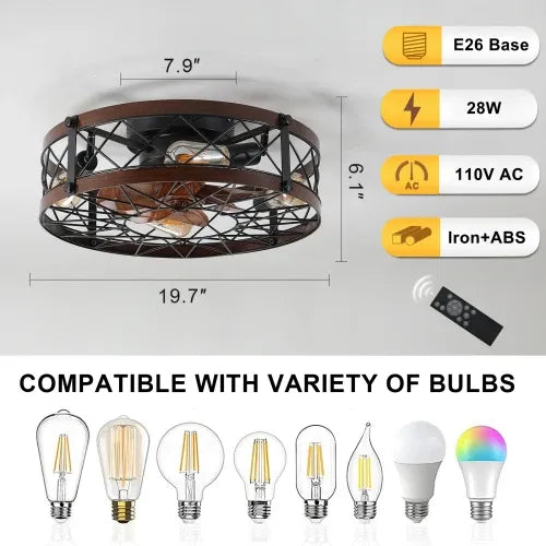Cage Ceiling Fan With Light, Black, Recessed Ceiling Fan Light, Farmhouse Small Ceiling Fan With Light Fixture, Bedroom Reversible Fan - E26 Bulb Included