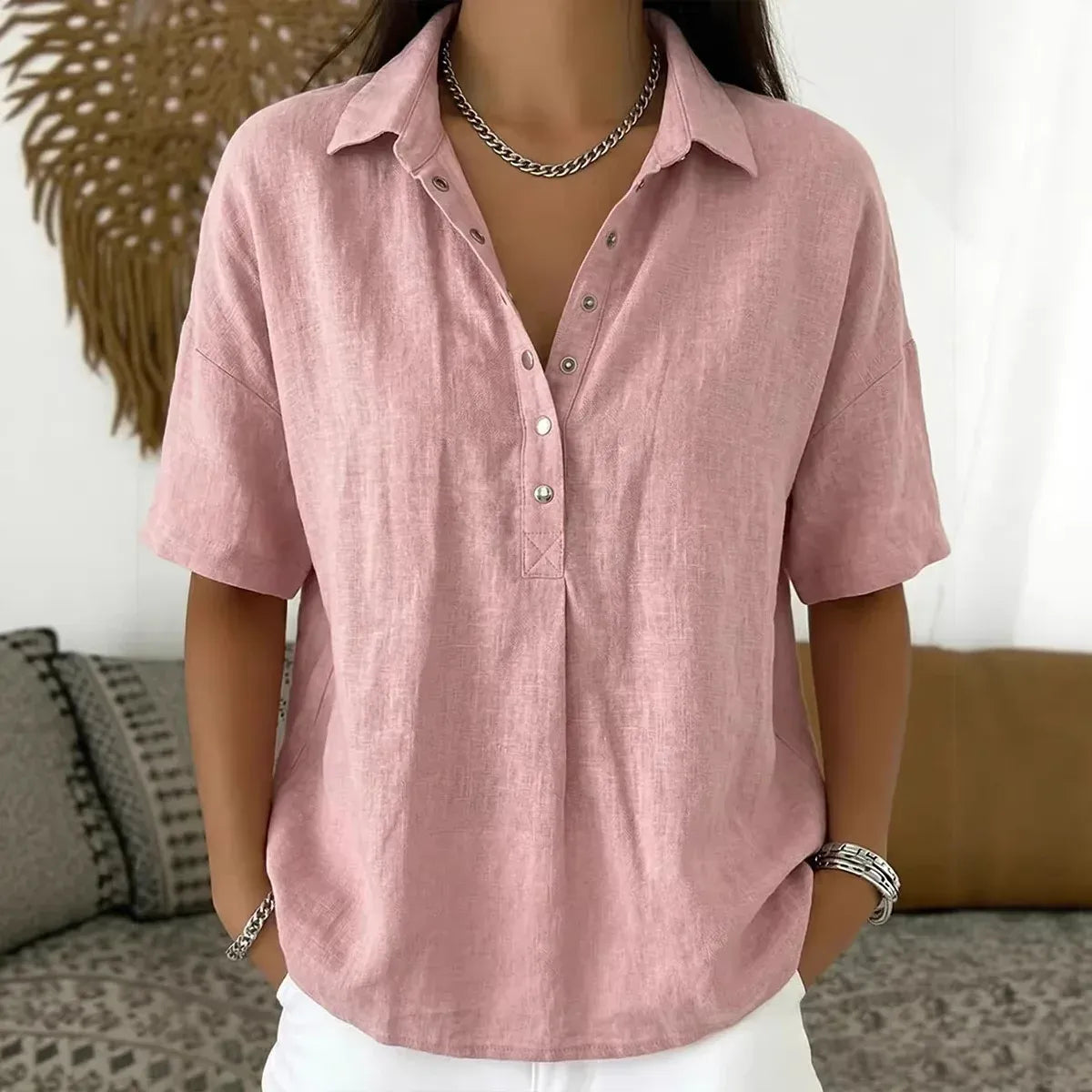 Summer Short-sleeved Shirt Button Pullover Top Fashion Casual Women&