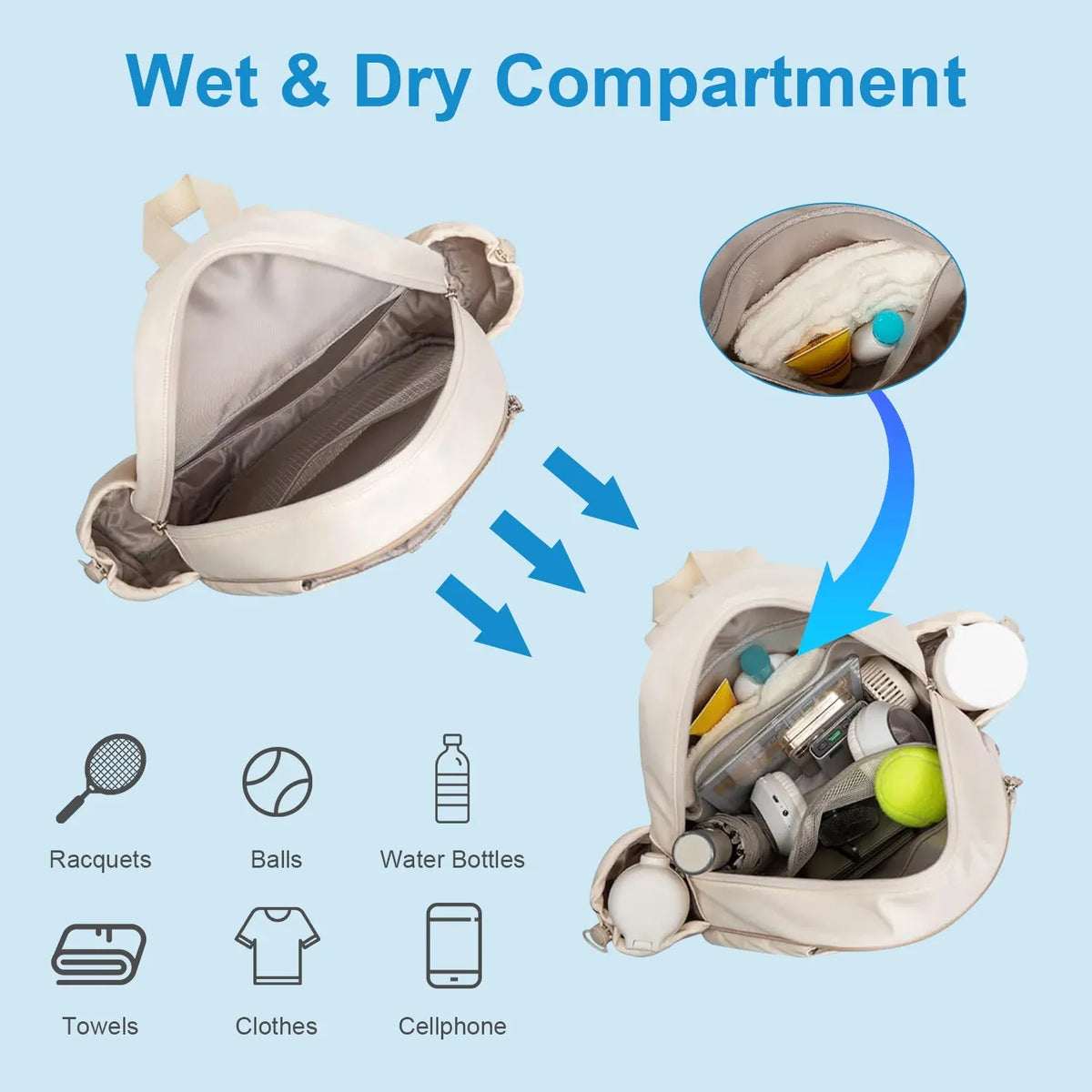 2 Color Options -- Pickleball Sling Bag For Men Women Waterproof Badminton Tennis Backpack With Wet Pocket Hidden Fence Hook Machine Washable