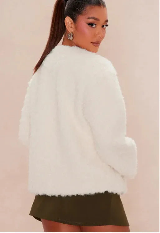 Women Cream Chinese Frog Button Fuzzy Jacket, Loose Cropped Oriental Fleece Outerwear