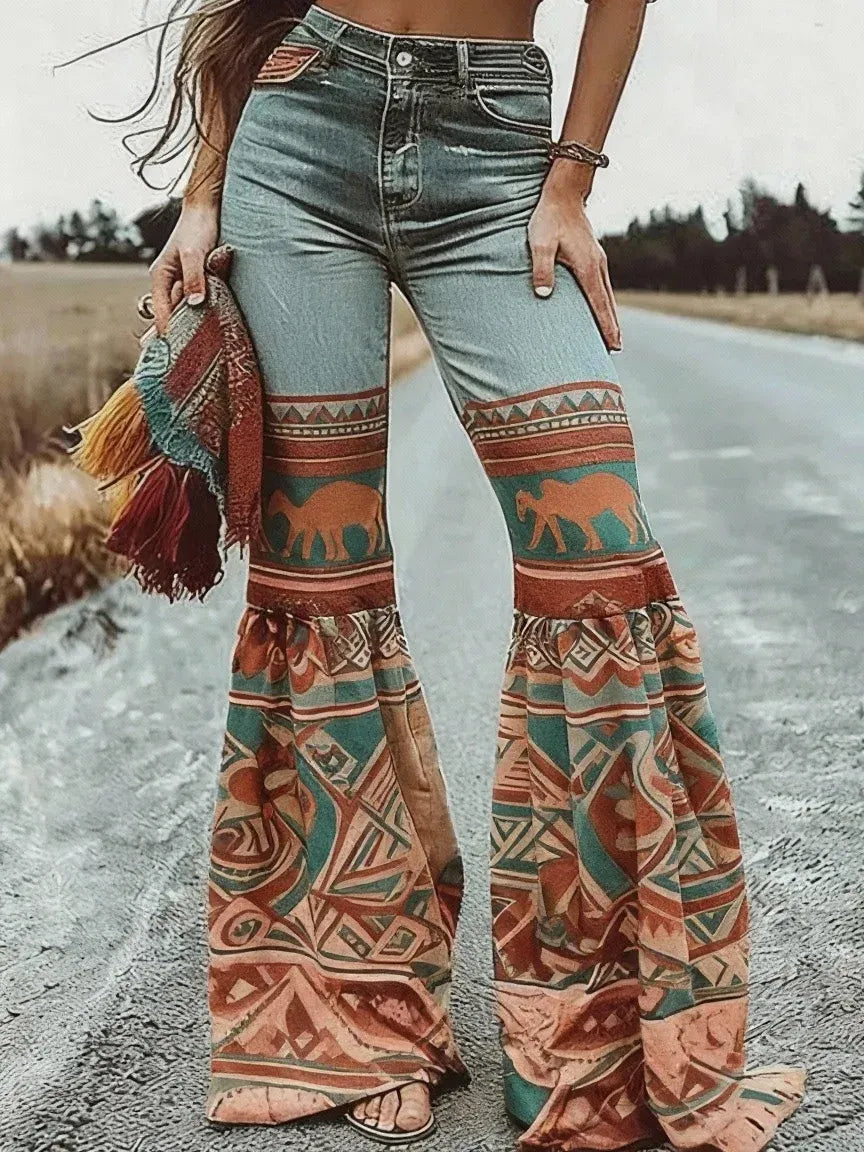 Flared Floral Print High-waisted Pocket Denim Trousers