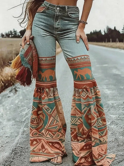 Flared Floral Print High-waisted Pocket Denim Trousers