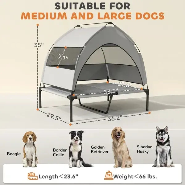 Elevated Dog Bed With Removable Canopy, Portable Outside Raised Pet Cot With Cooling Pad, Storage Bag