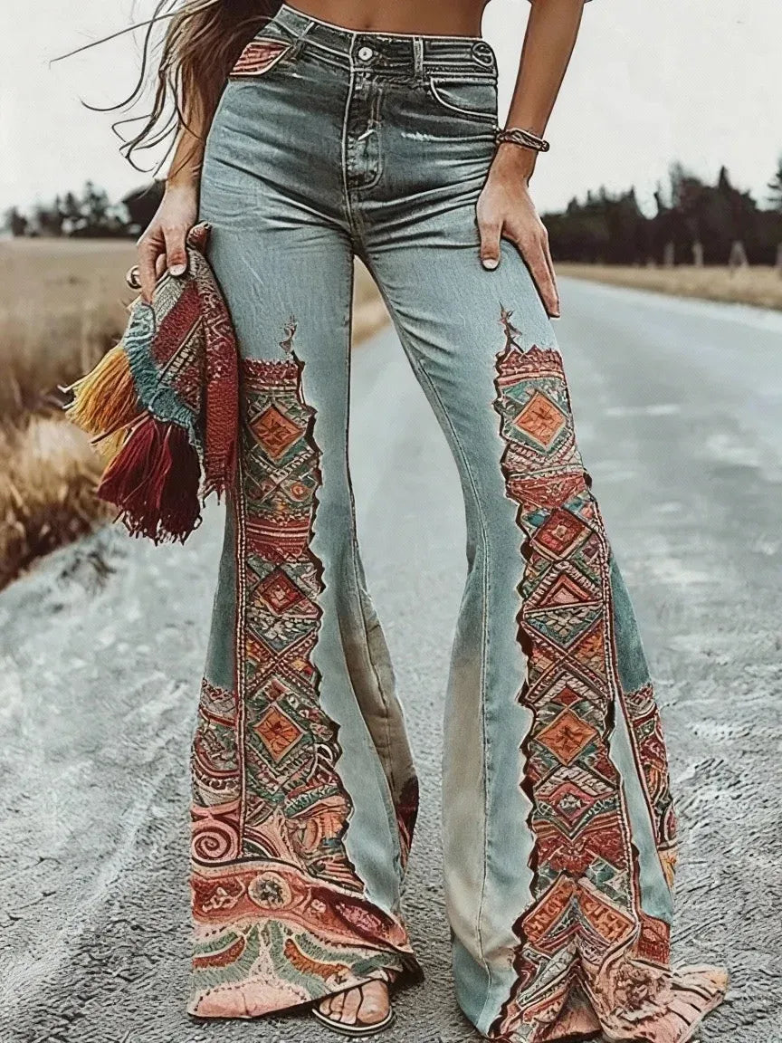 Flared Floral Print High-waisted Pocket Denim Trousers