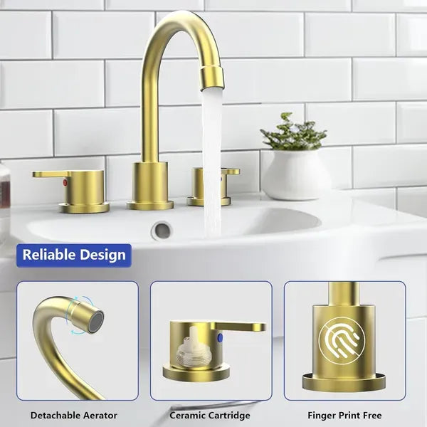 Widespread Bathroom Sink Faucet Brushed Gold 2 Handle 8 Inch 3 Hole 360&