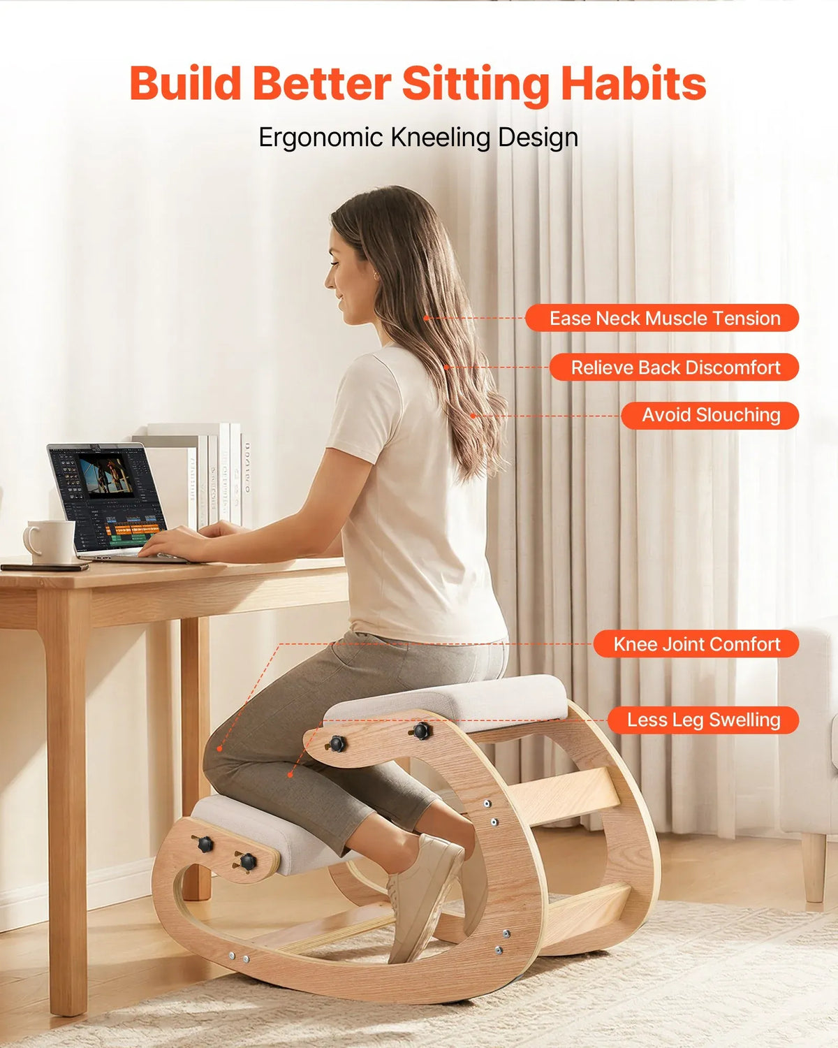 Ergonomic Kneeling Chair, Wooden Posture Knee Chair With Adjustable Thick Foam Cushions &amp; Solid Wood Frame, Adjustable Height, Relief For Neck Or Back Pain For Home, Office Or Meditation, Beige