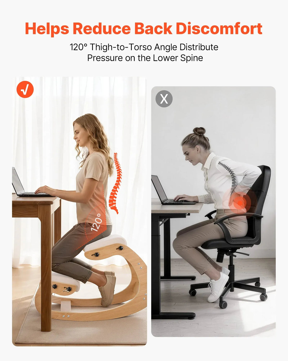 Ergonomic Kneeling Chair, Wooden Posture Knee Chair With Adjustable Thick Foam Cushions &amp; Solid Wood Frame, Adjustable Height, Relief For Neck Or Back Pain For Home, Office Or Meditation, Beige