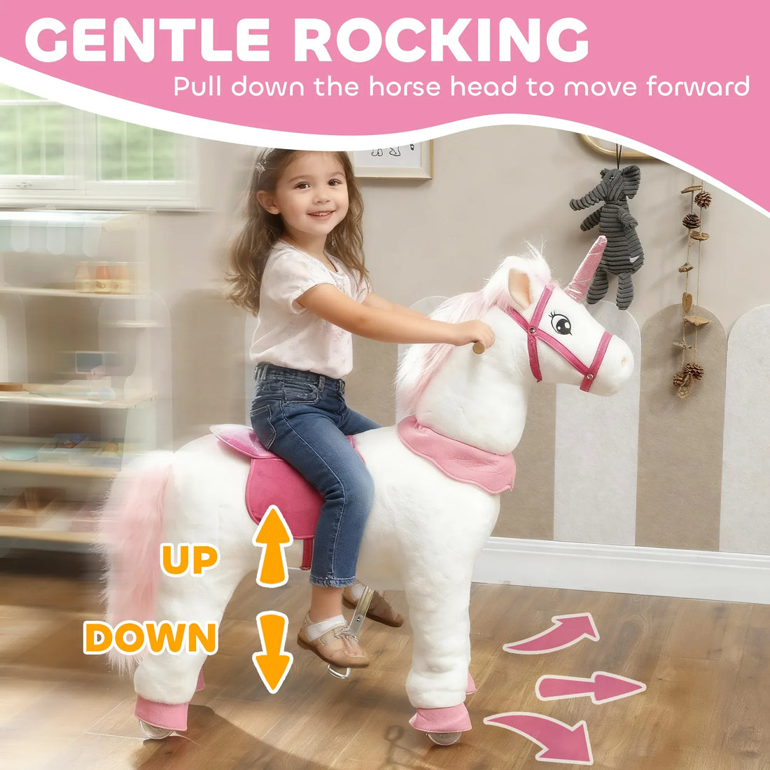 Ride on Unicorn Toy for Kids 4-7 Years, 37.8 Inch Plush Baby Rocking Horse with Wheels, No Battery Required, White