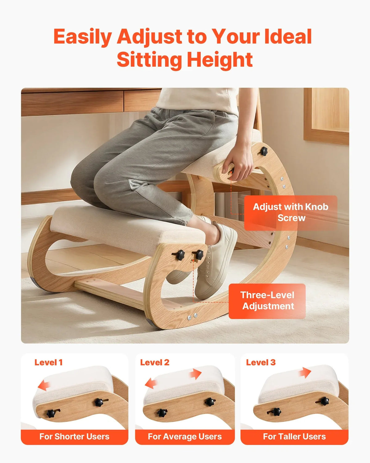 Ergonomic Kneeling Chair, Wooden Posture Knee Chair With Adjustable Thick Foam Cushions &amp; Solid Wood Frame, Adjustable Height, Relief For Neck Or Back Pain For Home, Office Or Meditation, Beige