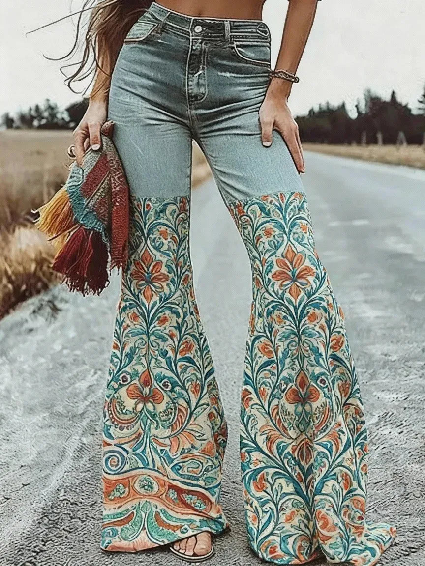 Flared Floral Print High-waisted Pocket Denim Trousers