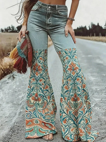 Flared Floral Print High-waisted Pocket Denim Trousers