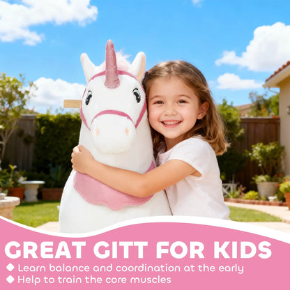 Ride on Unicorn Toy for Kids 4-7 Years, 37.8 Inch Plush Baby Rocking Horse with Wheels, No Battery Required, White
