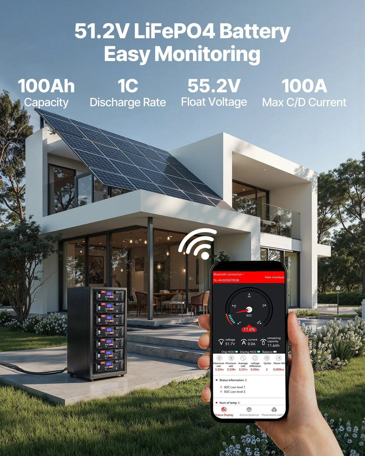 48V 400Ah LiFePO4 Lithium Battery, 4 Pack 100Ah, 20.48kWh Capacity, 51.2V Server Rack LiFePO4 Battery With Bluetooth, Max 6000 Cycles, LCD Display, For Off-Grid, Solar System, Backup Power