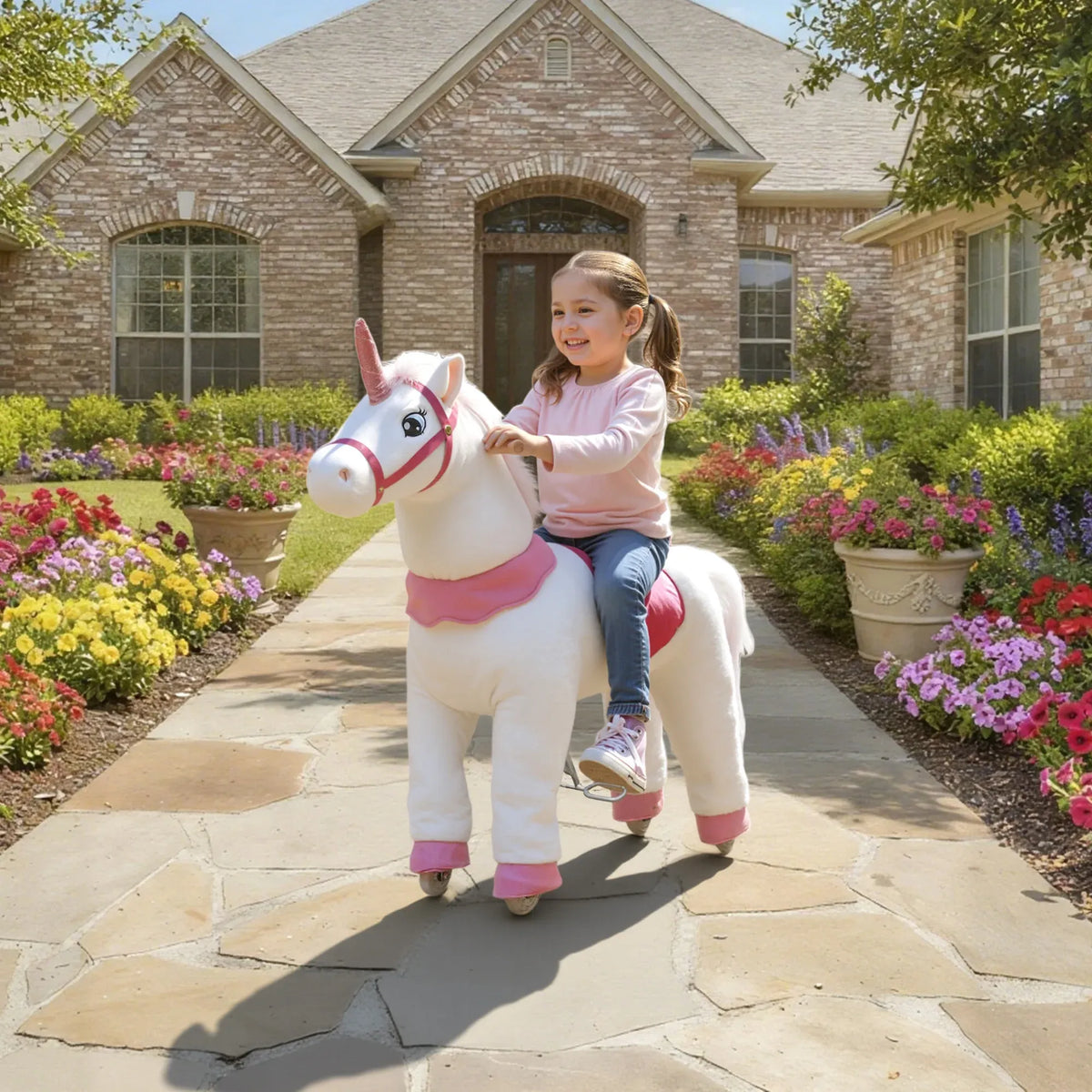 Ride on Unicorn Toy for Kids 4-7 Years, 37.8 Inch Plush Baby Rocking Horse with Wheels, No Battery Required, White
