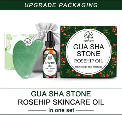Gua Sha Massage Tools &amp; Rosehip Oil In One Set, Nature Jade Stone Facial Gua Sha Products For Skin Massage, Beauty And Moisturizing , With Nice Travel Pouch
