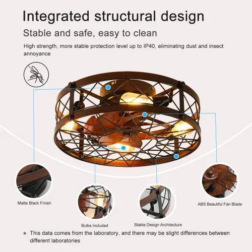 Cage Ceiling Fan With Light, Black, Recessed Ceiling Fan Light, Farmhouse Small Ceiling Fan With Light Fixture, Bedroom Reversible Fan - E26 Bulb Included