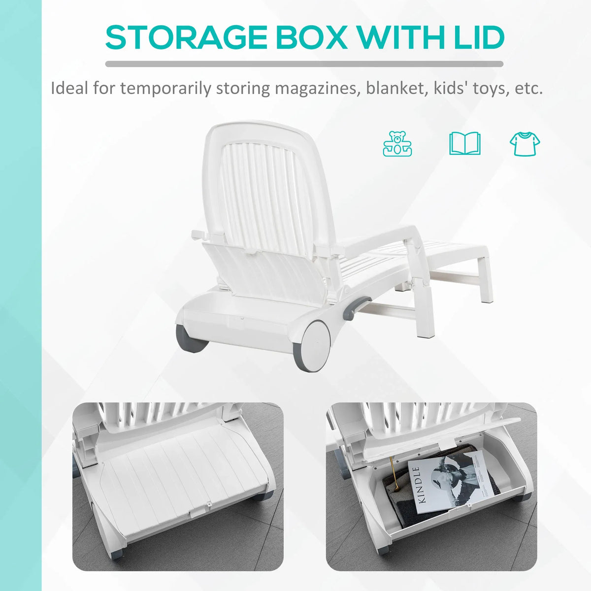 Outdoor Chaise Lounge Chair on Wheels with Storage Box