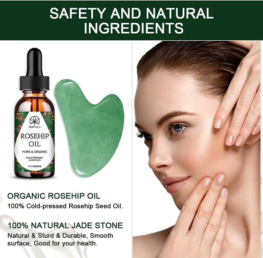 Gua Sha Massage Tools &amp; Rosehip Oil In One Set, Nature Jade Stone Facial Gua Sha Products For Skin Massage, Beauty And Moisturizing , With Nice Travel Pouch