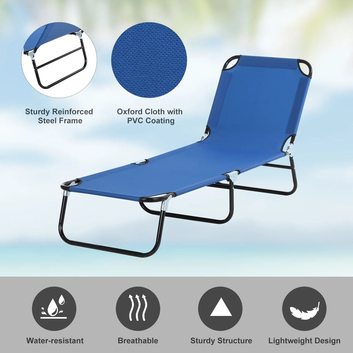 Folding Chaise Lounge Pool Chairs, Outdoor Sun Tanning Chairs with 5-Level Reclining Back, Steel Frame for Beach, Yard, Patio, Blue