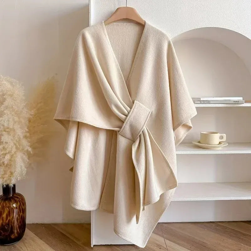 Fur Collar Fur Ball Knitted Cardigan Cape And Shawl