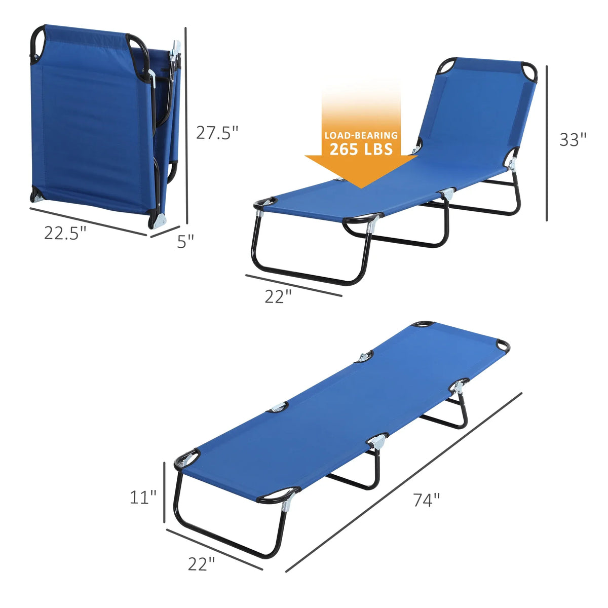 Folding Chaise Lounge Pool Chairs, Outdoor Sun Tanning Chairs with 5-Level Reclining Back, Steel Frame for Beach, Yard, Patio, Blue