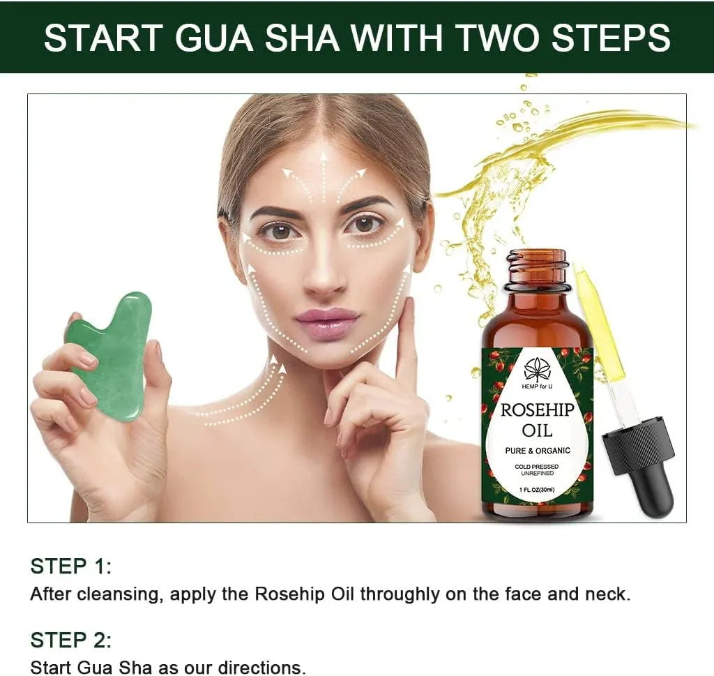 Gua Sha Massage Tools &amp; Rosehip Oil In One Set, Nature Jade Stone Facial Gua Sha Products For Skin Massage, Beauty And Moisturizing , With Nice Travel Pouch