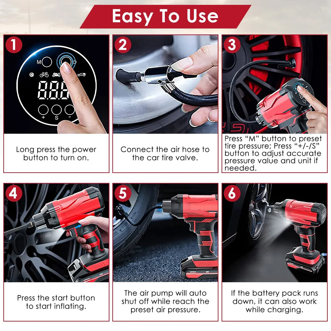 1Pc 150PSI Cordless Car Tire Inflator Rechargeable 2V Portable Electric Air Compressor With LED Light For Car Bike Motorcycle Ball