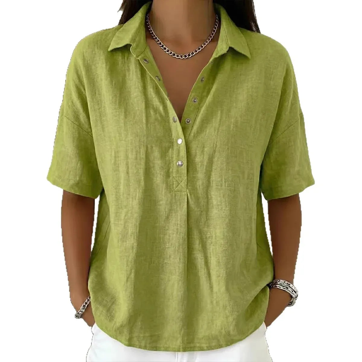Summer Short-sleeved Shirt Button Pullover Top Fashion Casual Women&