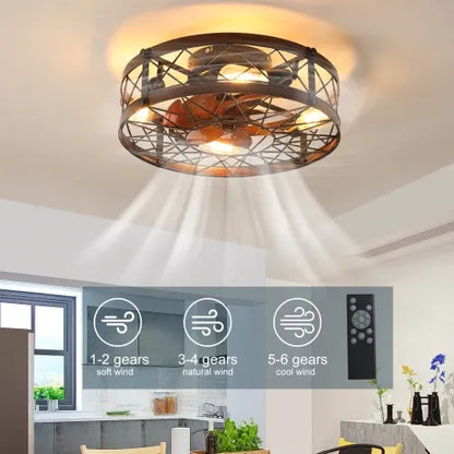Cage Ceiling Fan With Light, Black, Recessed Ceiling Fan Light, Farmhouse Small Ceiling Fan With Light Fixture, Bedroom Reversible Fan - E26 Bulb Included