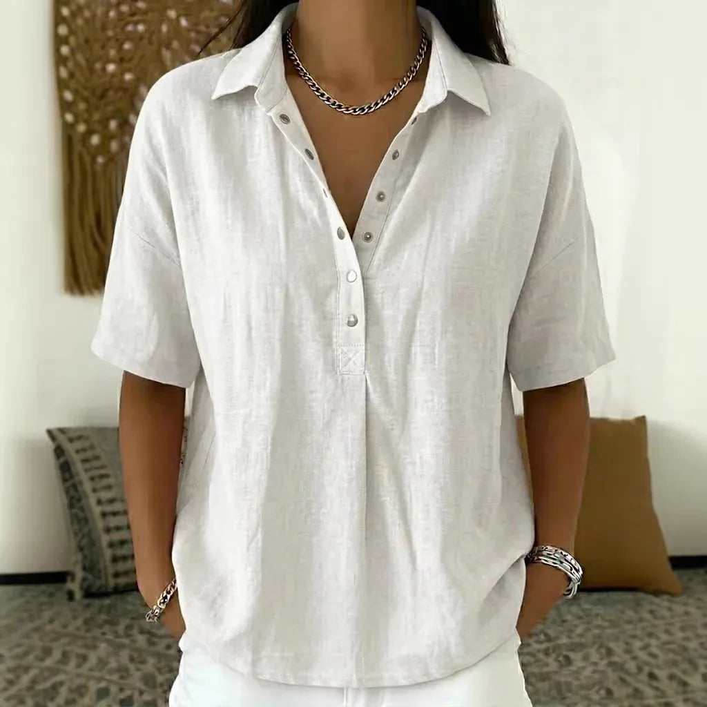 Summer Short-sleeved Shirt Button Pullover Top Fashion Casual Women&