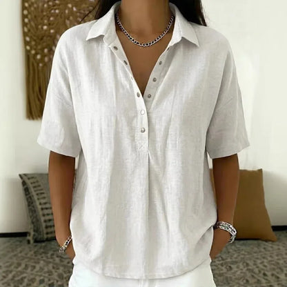 Summer Short-sleeved Shirt Button Pullover Top Fashion Casual Women&