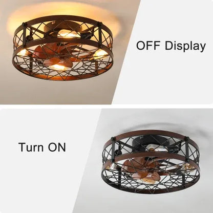 Cage Ceiling Fan With Light, Black, Recessed Ceiling Fan Light, Farmhouse Small Ceiling Fan With Light Fixture, Bedroom Reversible Fan - E26 Bulb Included