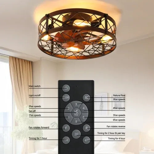 Cage Ceiling Fan With Light, Black, Recessed Ceiling Fan Light, Farmhouse Small Ceiling Fan With Light Fixture, Bedroom Reversible Fan - E26 Bulb Included