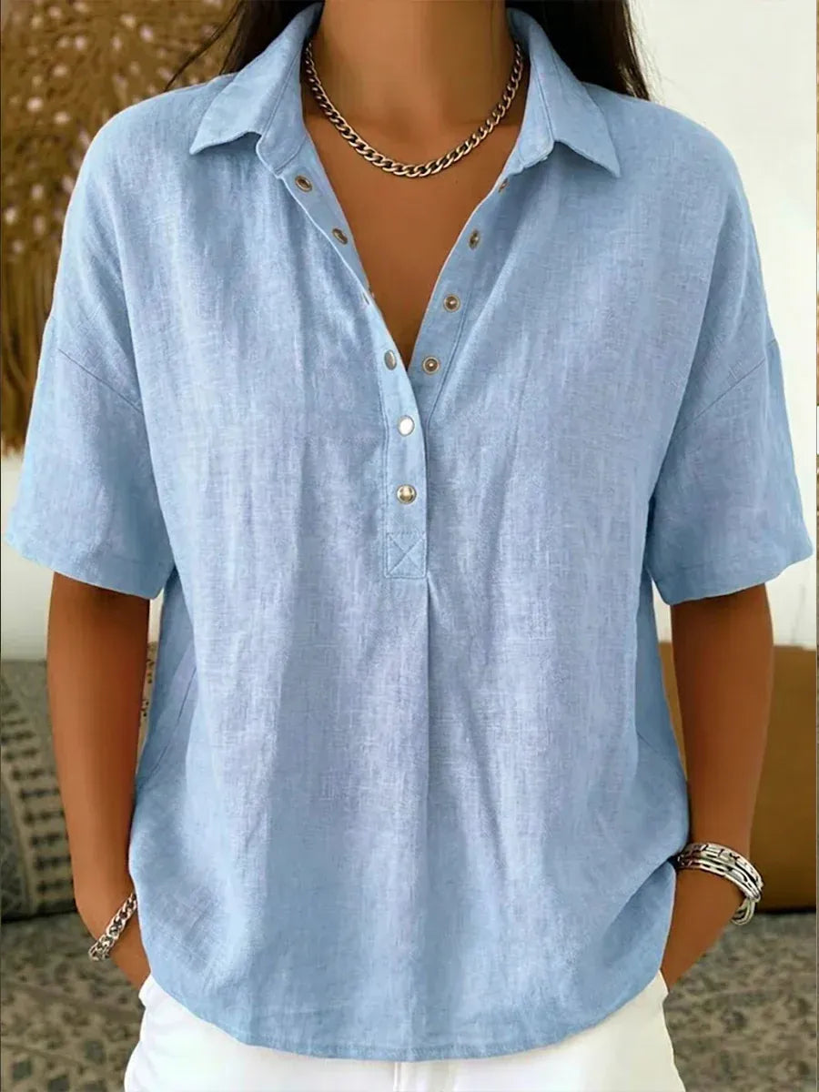 Summer Short-sleeved Shirt Button Pullover Top Fashion Casual Women&