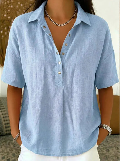 Summer Short-sleeved Shirt Button Pullover Top Fashion Casual Women&