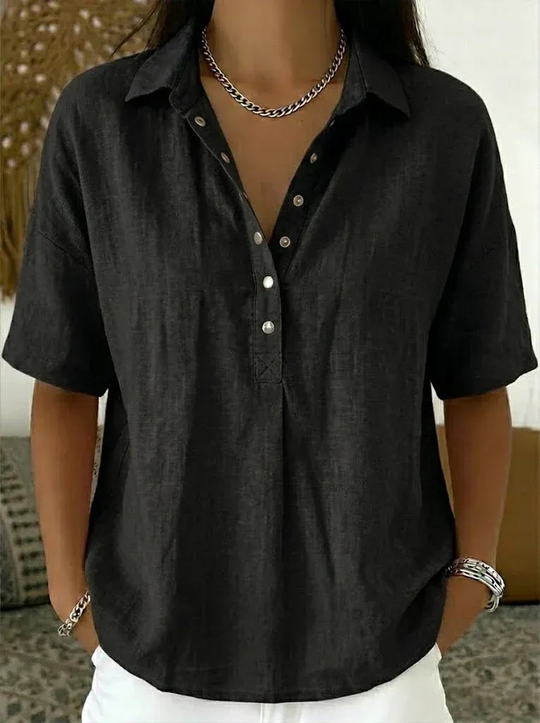 Summer Short-sleeved Shirt Button Pullover Top Fashion Casual Women&