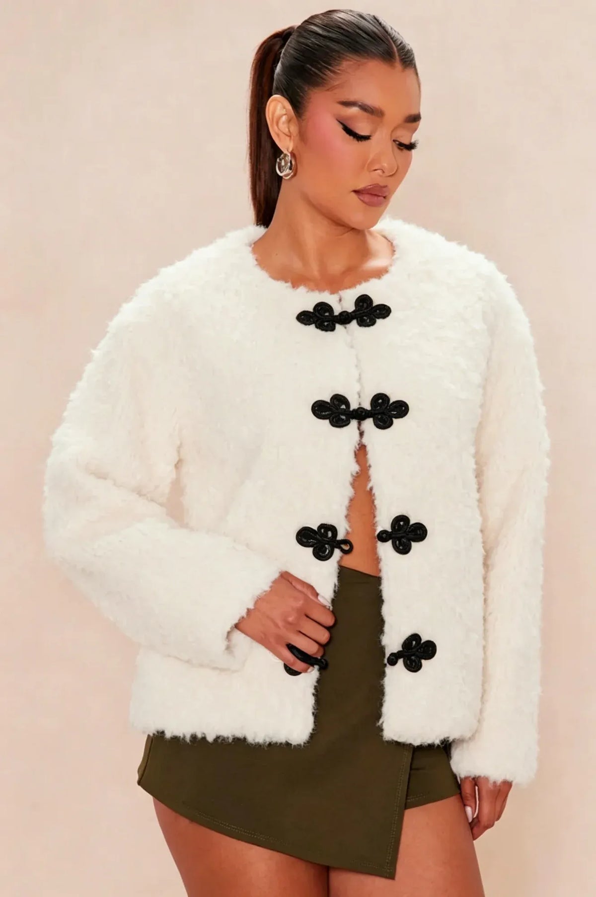 Women Cream Chinese Frog Button Fuzzy Jacket, Loose Cropped Oriental Fleece Outerwear
