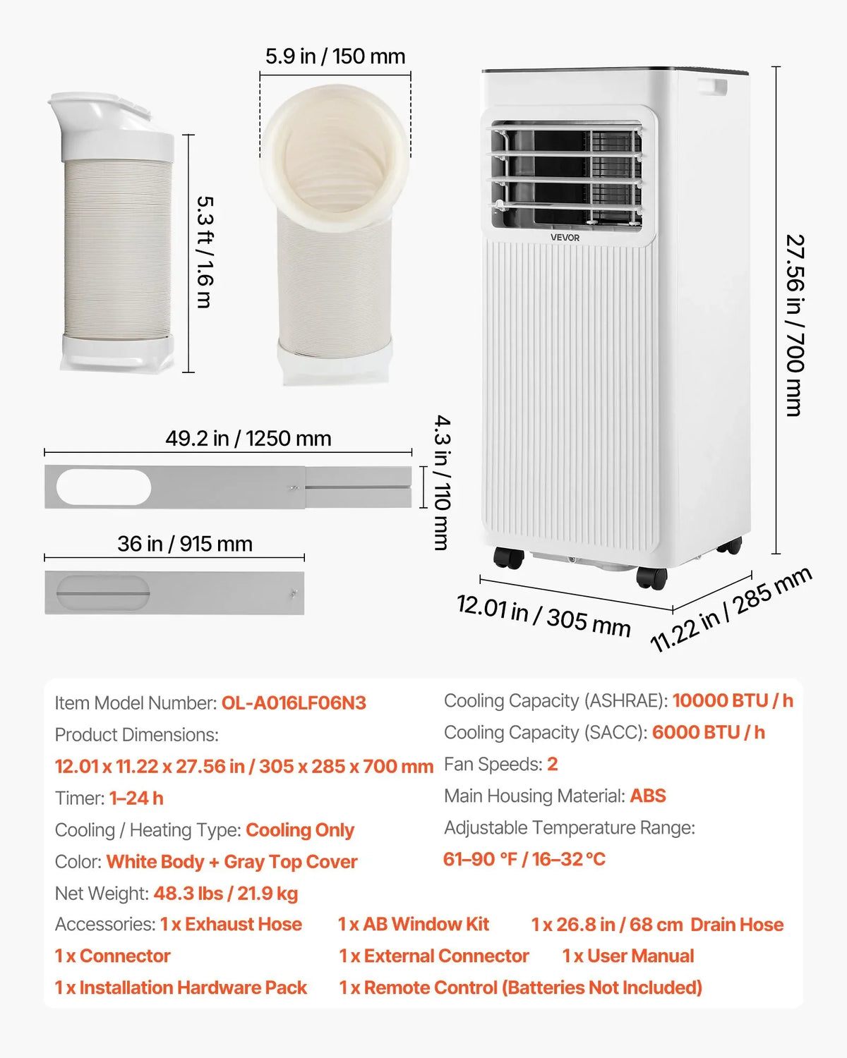 Portable Air Conditioner, 10000 BTU ASHRAE (6000 BTU SACC) 3-in-1 Standing Cooling Ac Unit, With LED Touch Panel &amp; Remote Control, 24h Timer, Cooling, Dehumidifier, Fan For Room Indoor, White