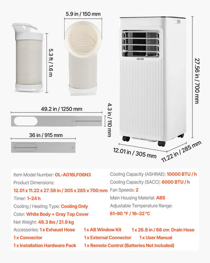 Portable Air Conditioner, 10000 BTU ASHRAE (6000 BTU SACC) 3-in-1 Standing Cooling Ac Unit, With LED Touch Panel &amp; Remote Control, 24h Timer, Cooling, Dehumidifier, Fan For Room Indoor, White