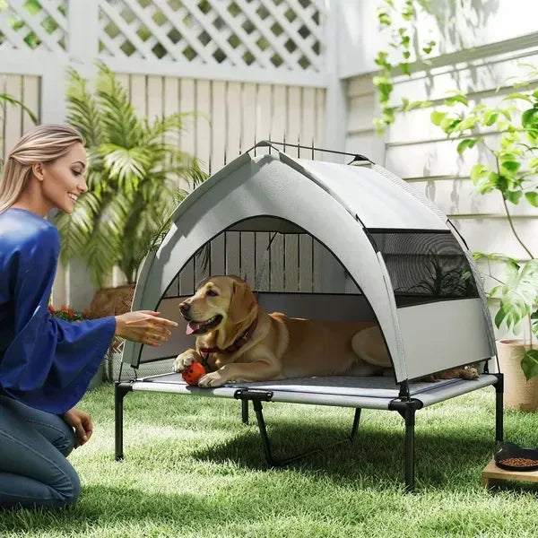 Elevated Dog Bed With Removable Canopy, Portable Outside Raised Pet Cot With Cooling Pad, Storage Bag